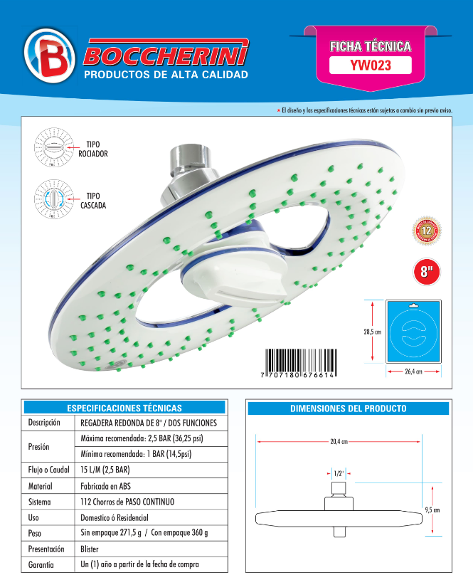 REGADERA 8 PULGADAS EN ABS DE 2 FUNCIONES COLOR BLANCO