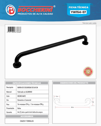 BARRA DE SEGURIDAD NEGRA 60 CM EN ALUMINIO