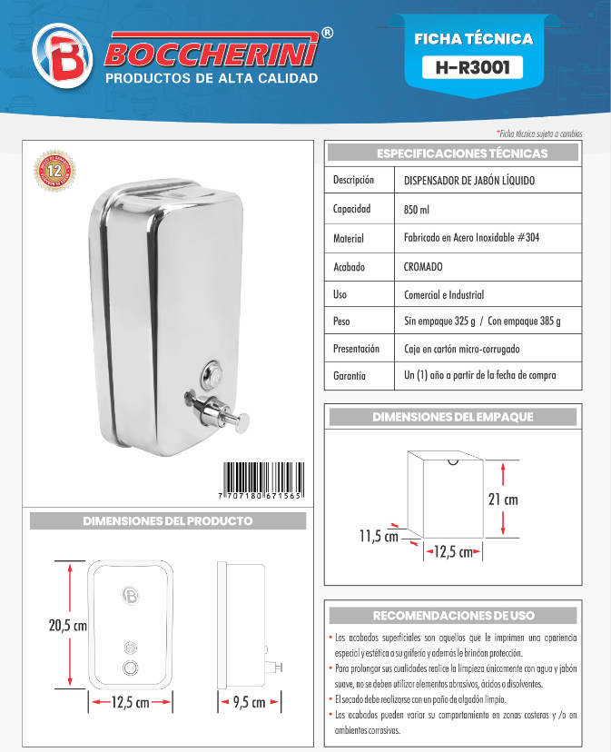 DISPENSADOR DE JABON CROMADO EN ACERO INOX. 800 ML