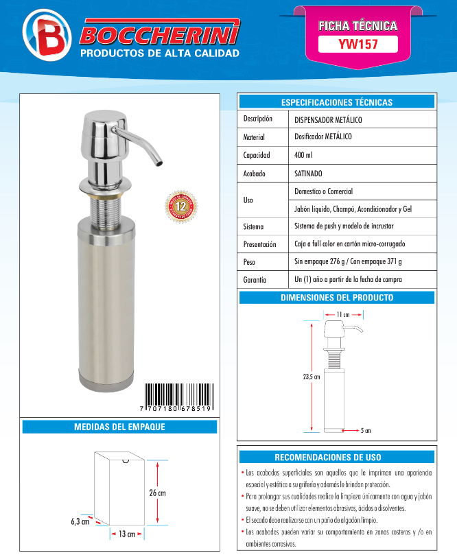 DISPENSADOR DE JABON LIQUIDO METALICO 400 ML DE INCRUSTAR