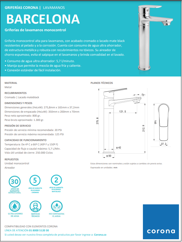 GRIFERIA LAVAMANOS MONOCONTROL BARCELONA ALTA NEGRO MATE CORONA